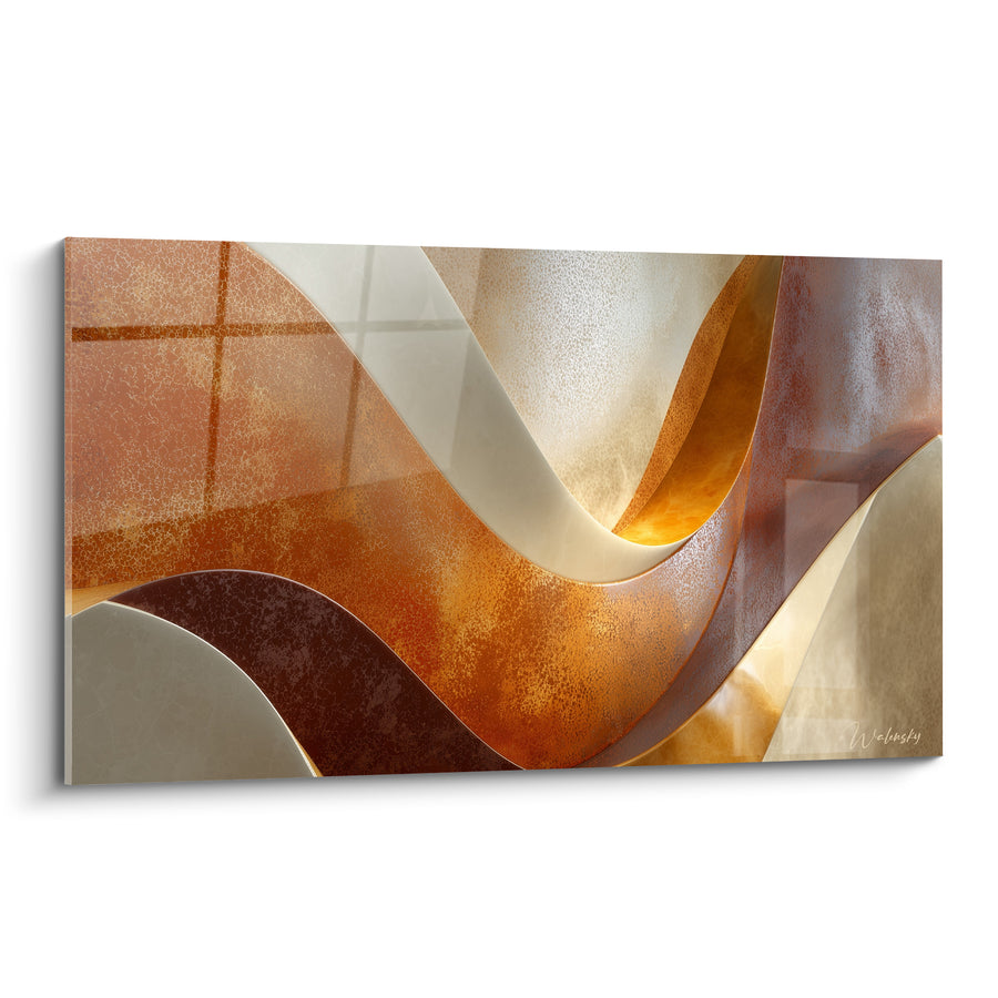 Tableau Vagues sculptées cuivre et ivoire entrelacées - Reflet quadrillé en fond - Edition Terracotta