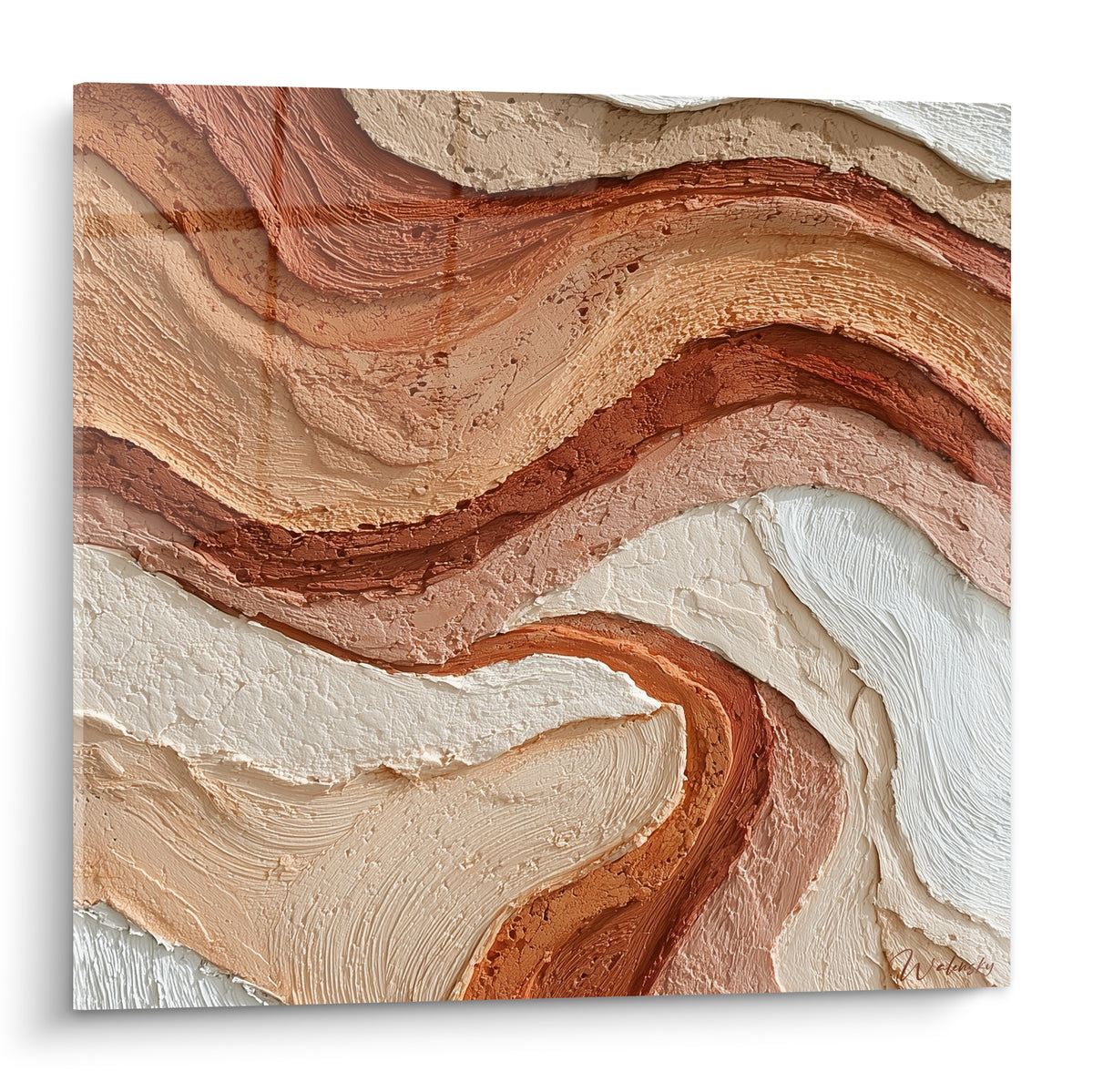 Vagues sculptées en ocre, brun terracotta et blanc crème, texture épaisse évoquant une roche stratifiée