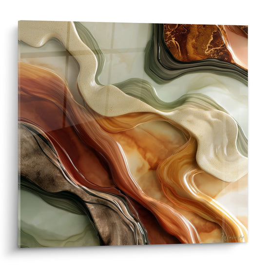 Vagues terracotta et vert sauge se déploient en courbes marbrées, finition lustrée aux reflets ambrés