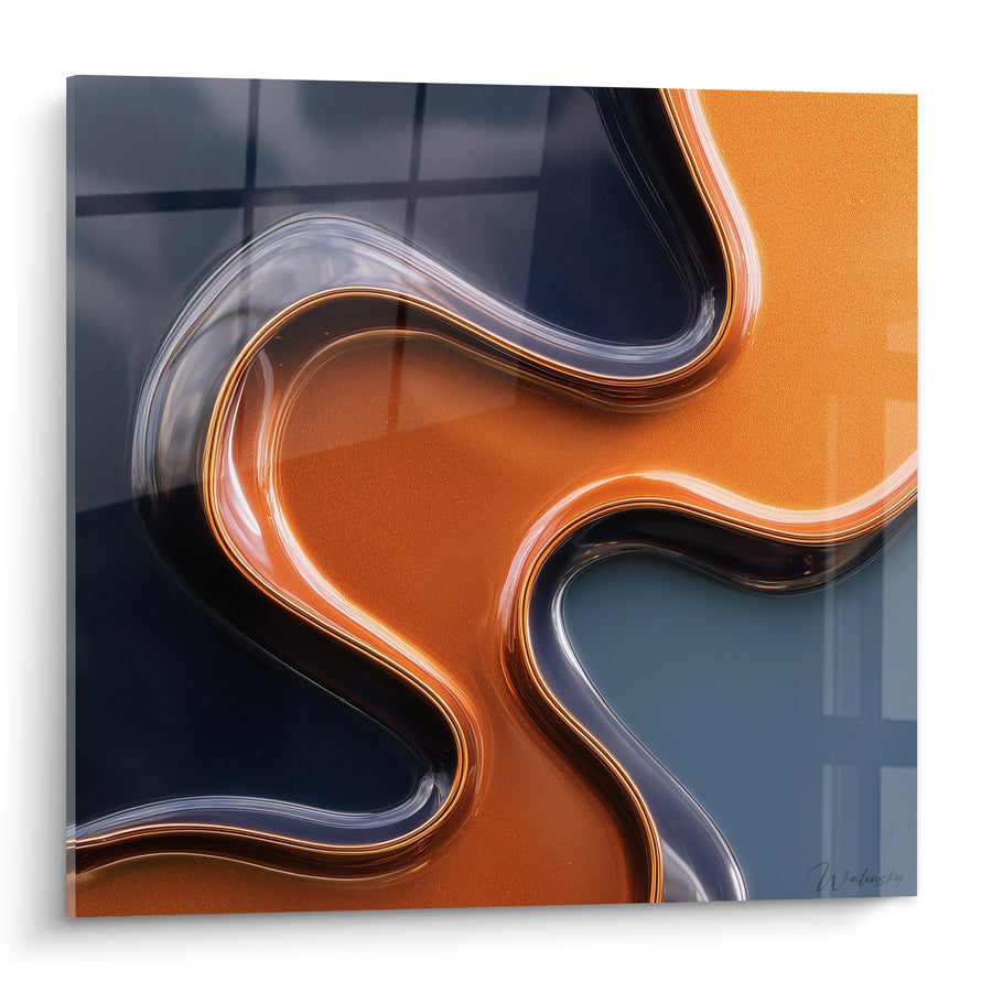 Tableau Vagues fusionnées orange et bleu marine liquide - Reflet métallisé sinueux - Edition Terracotta