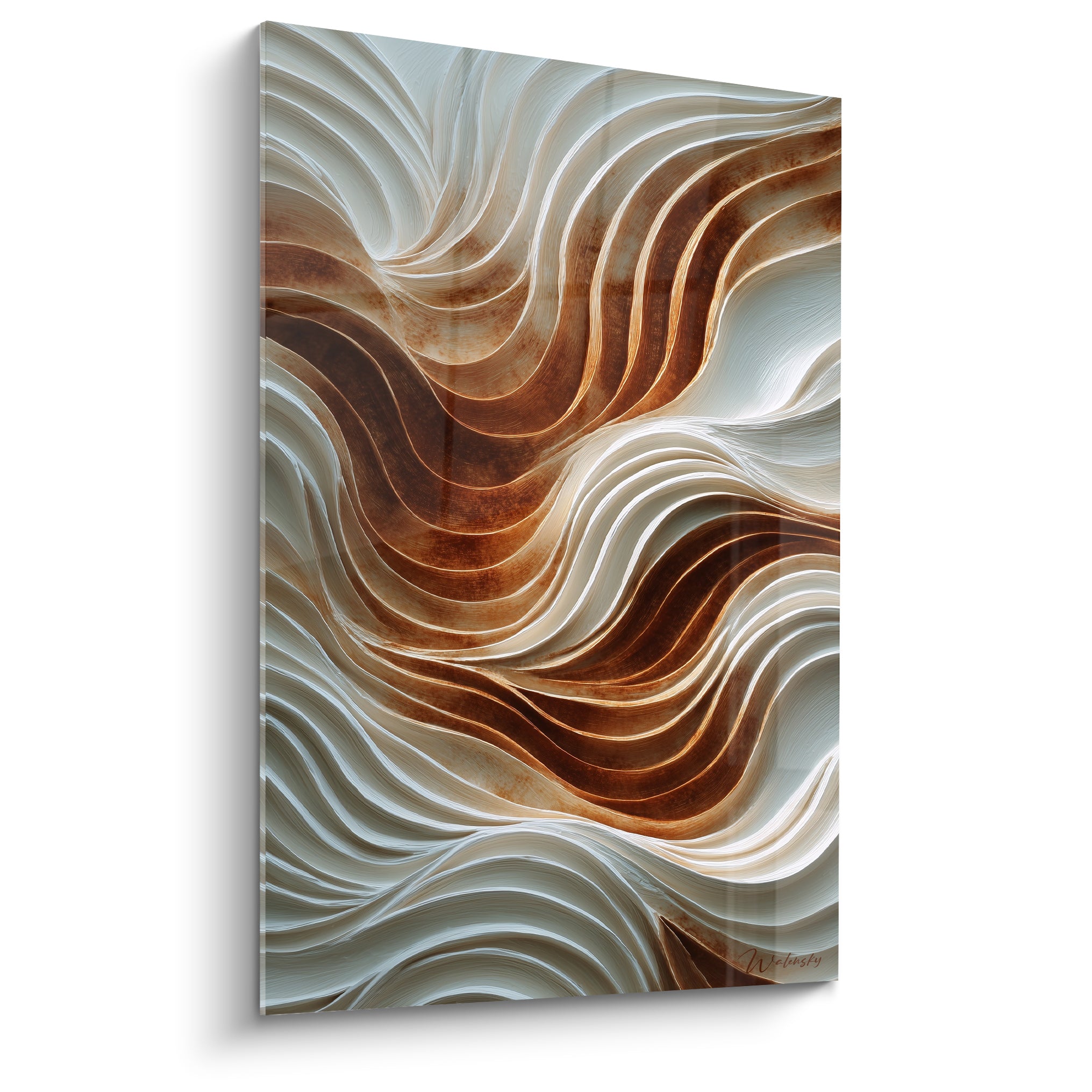 Vagues sculptées blanc ivoire et terracotta, relief profond et mouvement fluide sur toute la toile