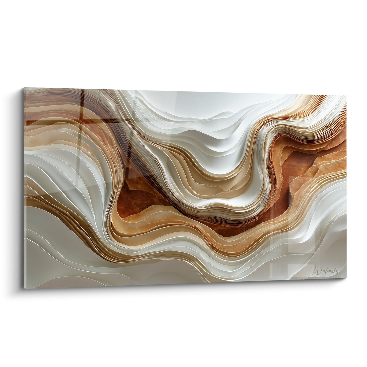 Vagues sculptées blanches et terracotta se déployant en courbes fluides sur une surface texturée