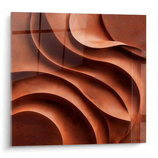 Vagues sculptées terracotta et cuivre aux plis texturés, jeu d'ombres profondes sur toile carrée
