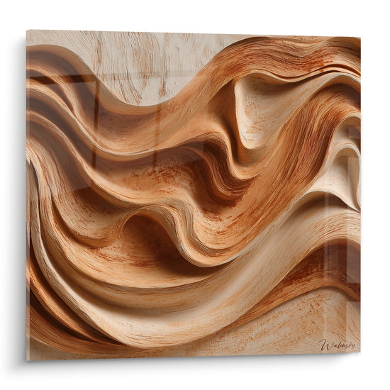 Vagues sculptées terracotta et beige aux reliefs ondulants, texture façon bois travaillé, cadrage plein format