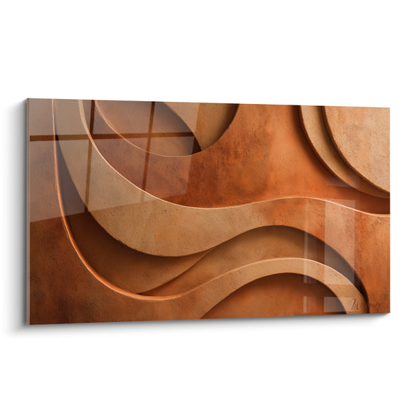 Tableau Vagues sculptées cuivre et beige quadrillage superposé - Reflet géométrique translucide - Edition Terracotta