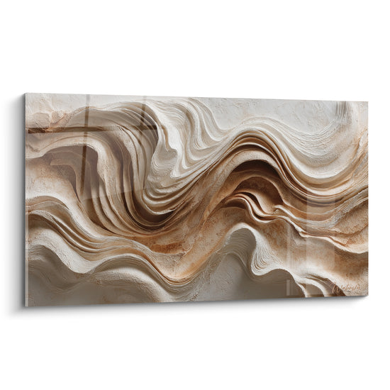 Vagues sculptées terracotta et ivoire aux reliefs texturés, mouvement ondulant en brun ocre et crème