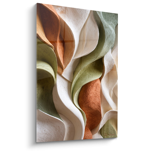 Tableau Vagues sculptées terracotta et vert sauge entrelacées - Reliefs entrelacés - Edition Terracotta