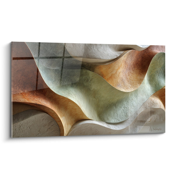 Tableau Vagues sculptées rouille et vert sauge quadrillage transparent - Reflet géométrique superposé - Edition Terracotta