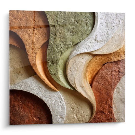 Vagues sculptées terracotta, brique et vert sauge en relief minéral texturé