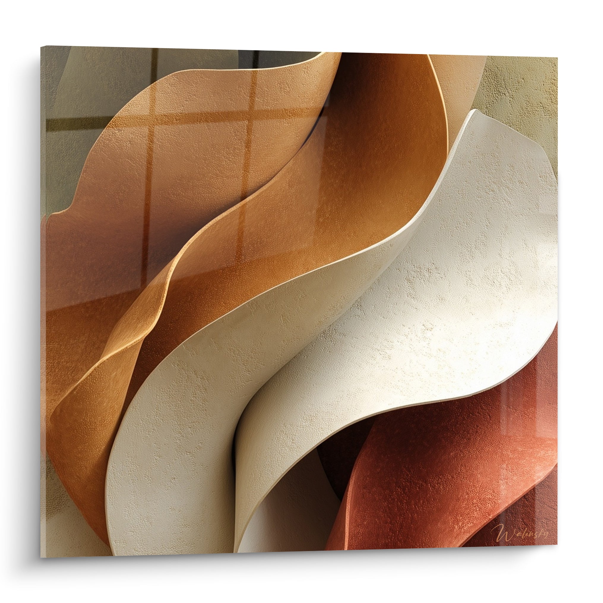 Vagues sculpturales terracotta et ivoire aux plis ondulants, texture minérale et lumière rasante