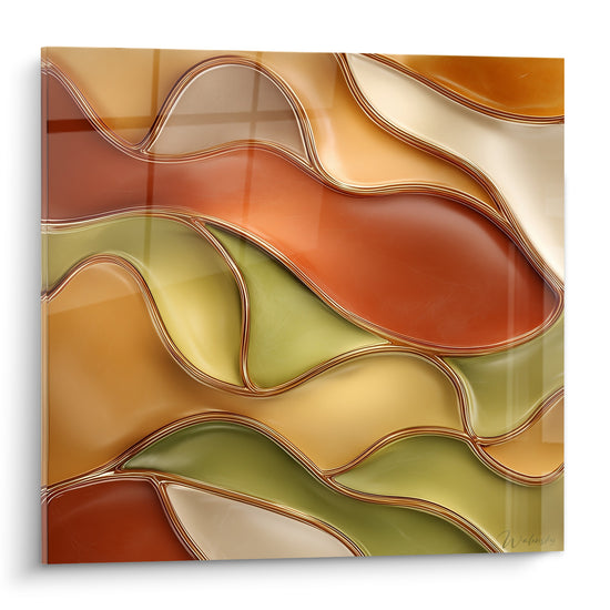 Vagues terracotta et vert olive aux liserés dorés, effet vitrail brillant en pleine composition