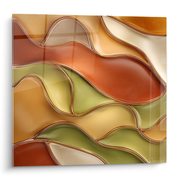 Tableau Vagues émaillées rouille et vert olive aux contours dorés - Vitrail ondulant lumineux - Edition Terracotta