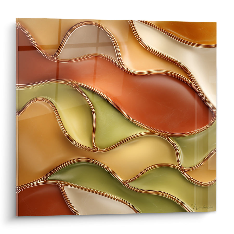 Tableau Vagues émaillées rouille et vert olive aux contours dorés - Vitrail ondulant lumineux - Edition Terracotta