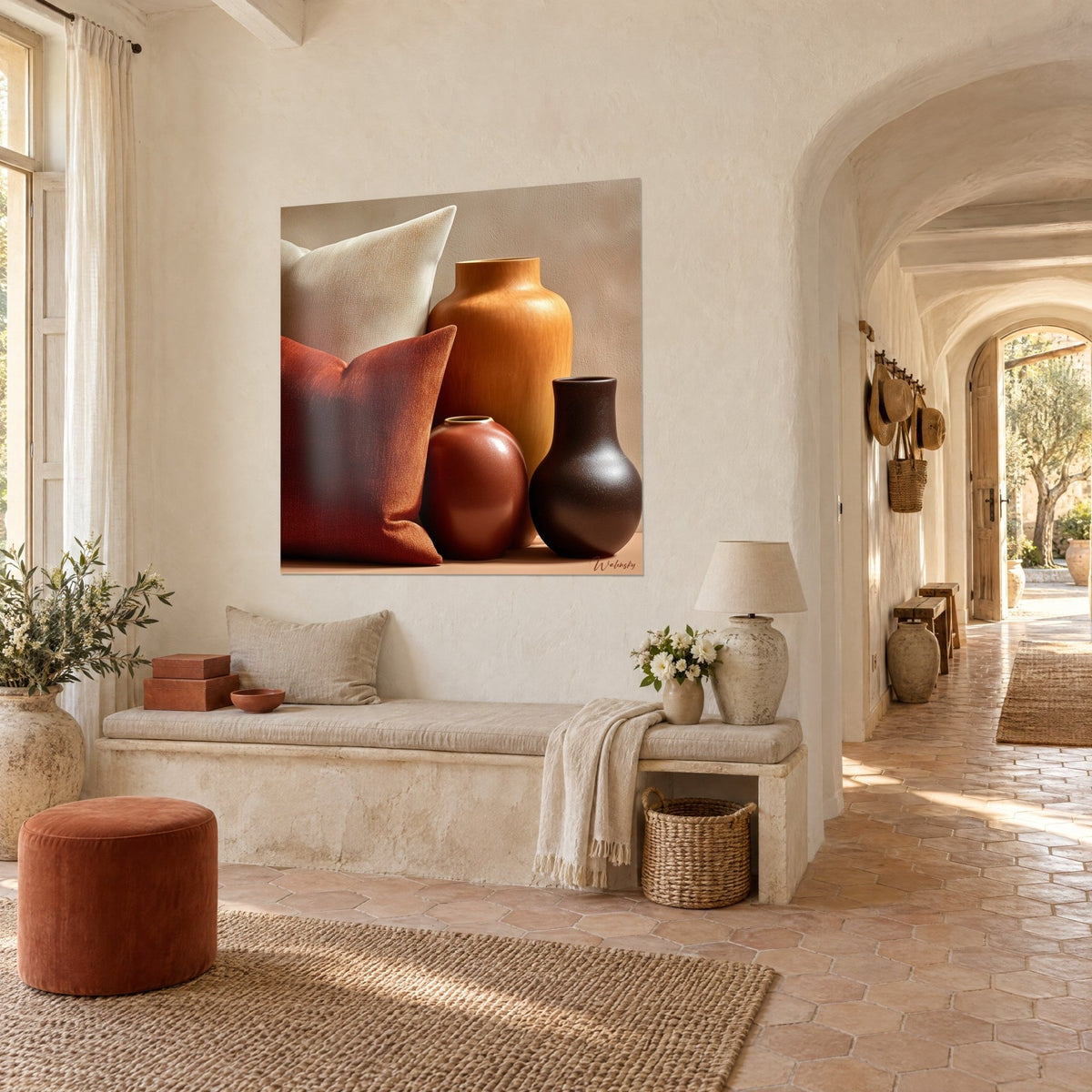 Quadro di natura morta con ceramiche ramate e cuscino ruggine, beige e marrone intenso, vista di tre quarti, corridoio a volta del mas