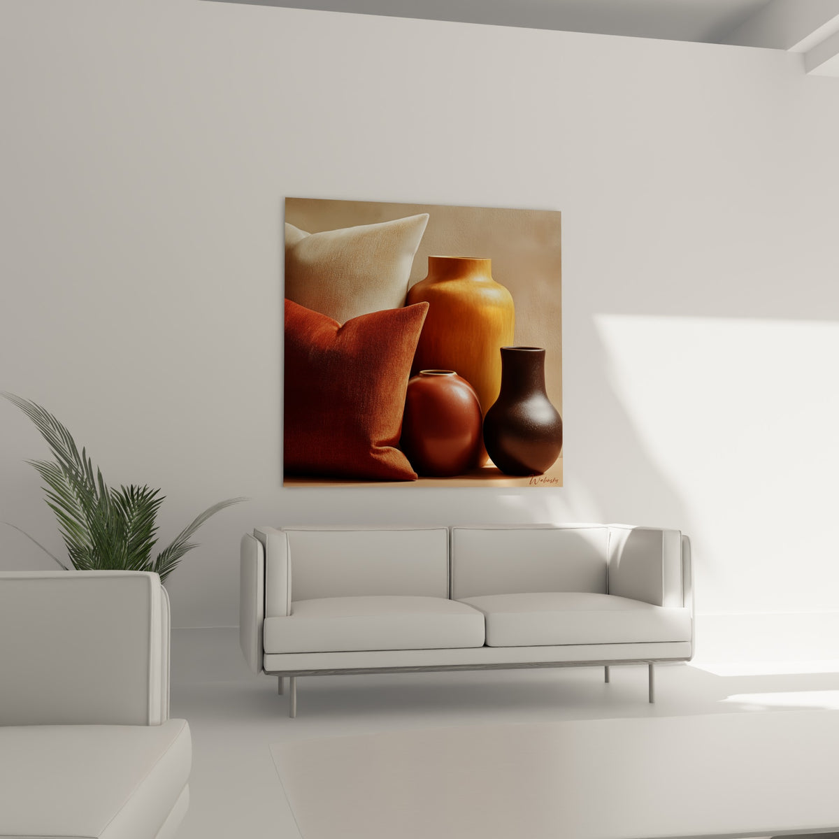 Céramiques anthracite et miel accompagnées de coussins terracotta au-dessus d'un canapé dans un salon lumineux