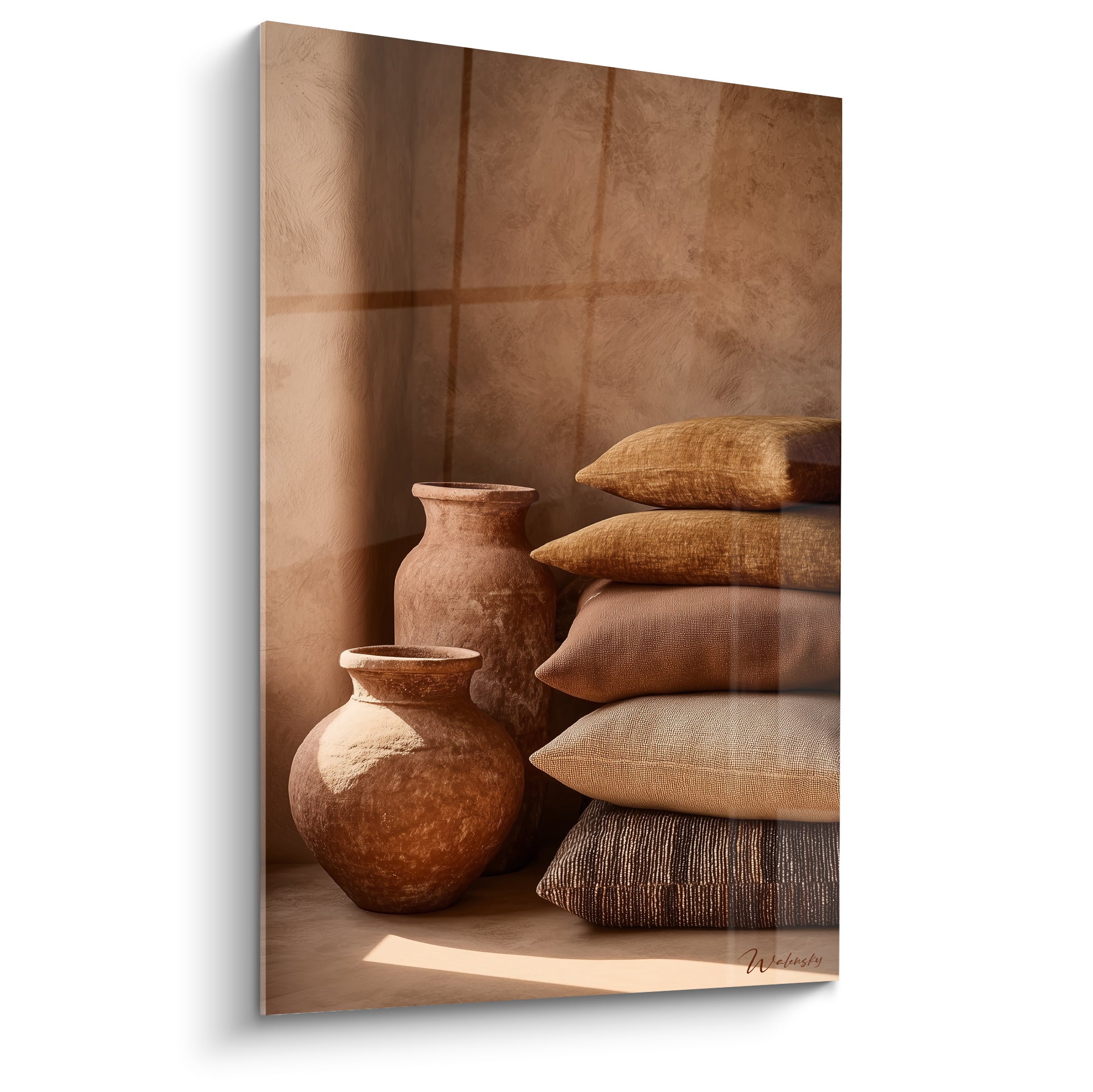 Deux vases d'argile brune côtoient des coussins ocre et dorés sur un mur terracotta éclairé.