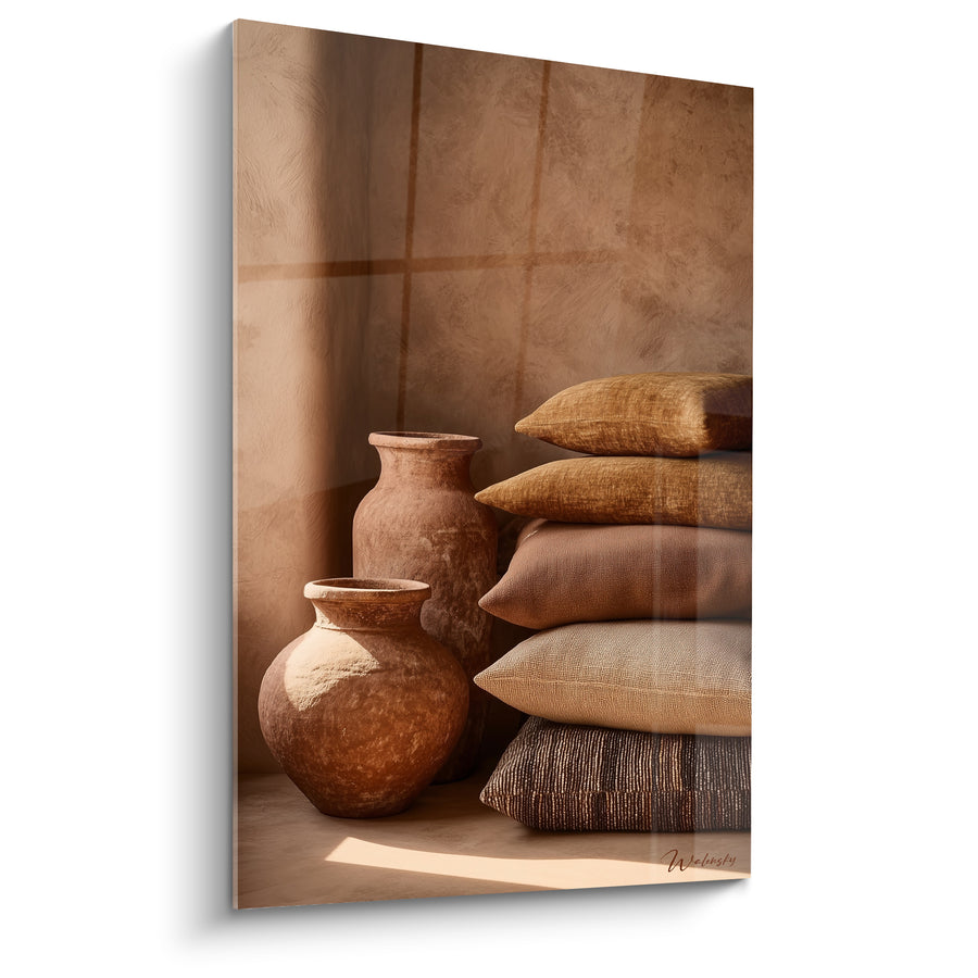 Tableau Vases en argile et coussins ocre - Sieste ensoleillée - Edition Terracotta