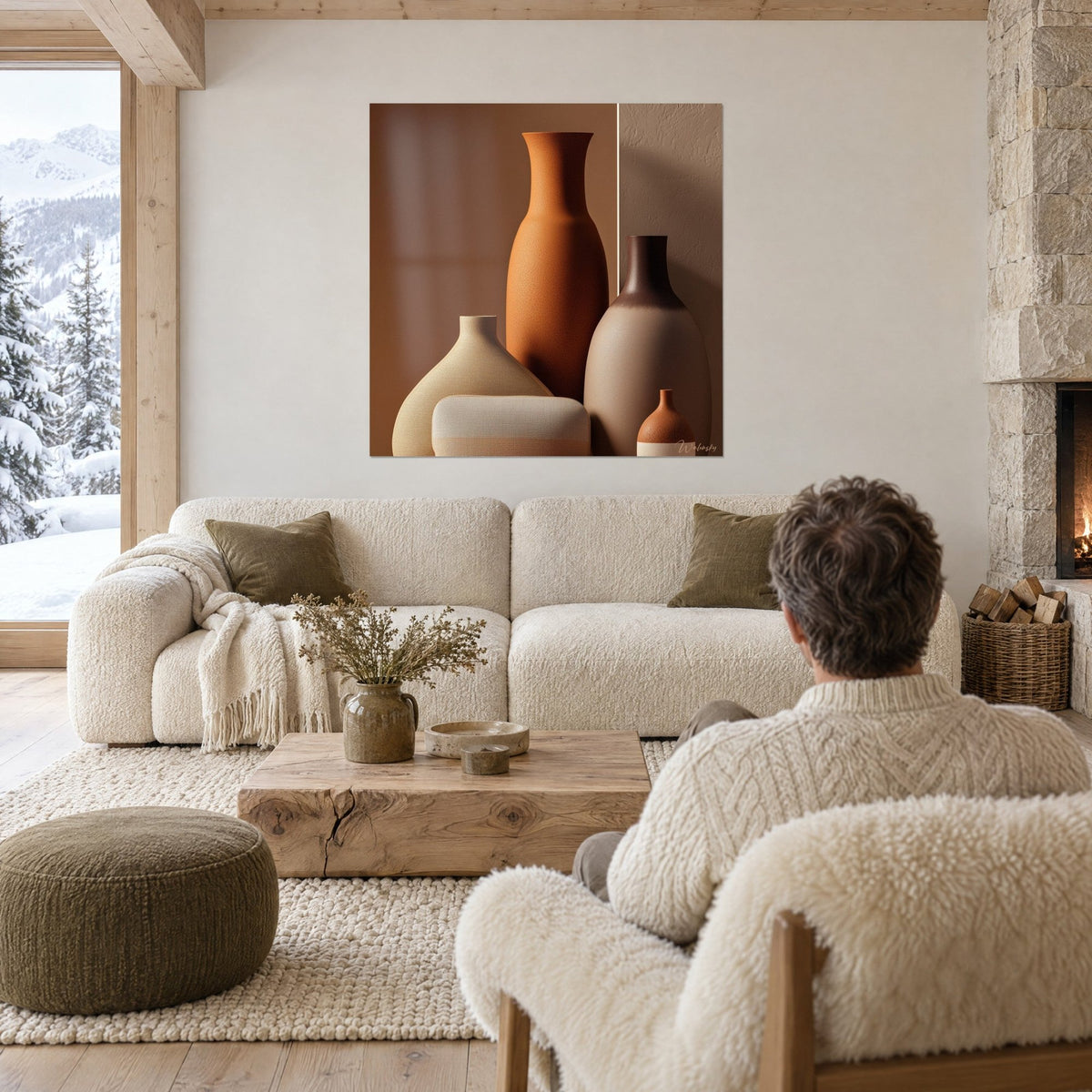Tableau vases en céramique orange et beige, grand col évasé terracotta, homme de dos, au-dessus d'un canapé dans un salon lumineux