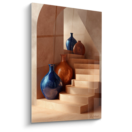 Vases bleu marine et brun terracotta sur escalier ocre, effet miroir architectural, lumière chaude