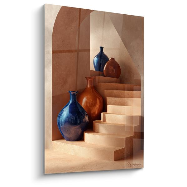 Tableau Vases bleu marine et brun sur escalier beige - Poterie vernissée à l'étage - Edition Terracotta