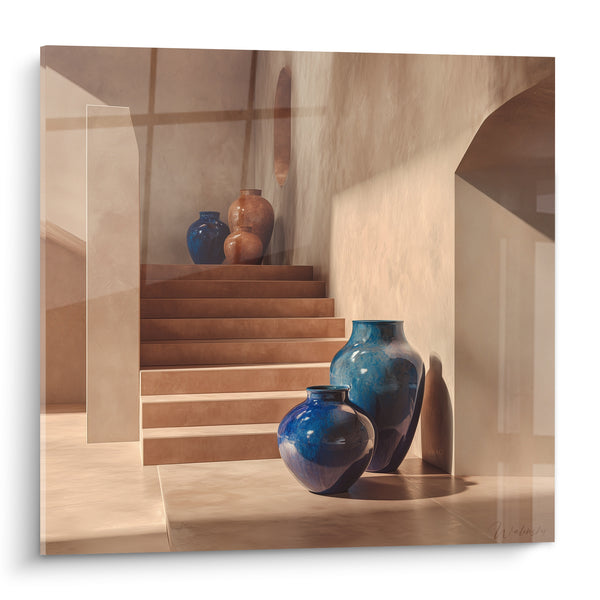 Tableau Vases bleus et ocres sur escalier ensoleillé - Pause méridienne - Edition Terracotta