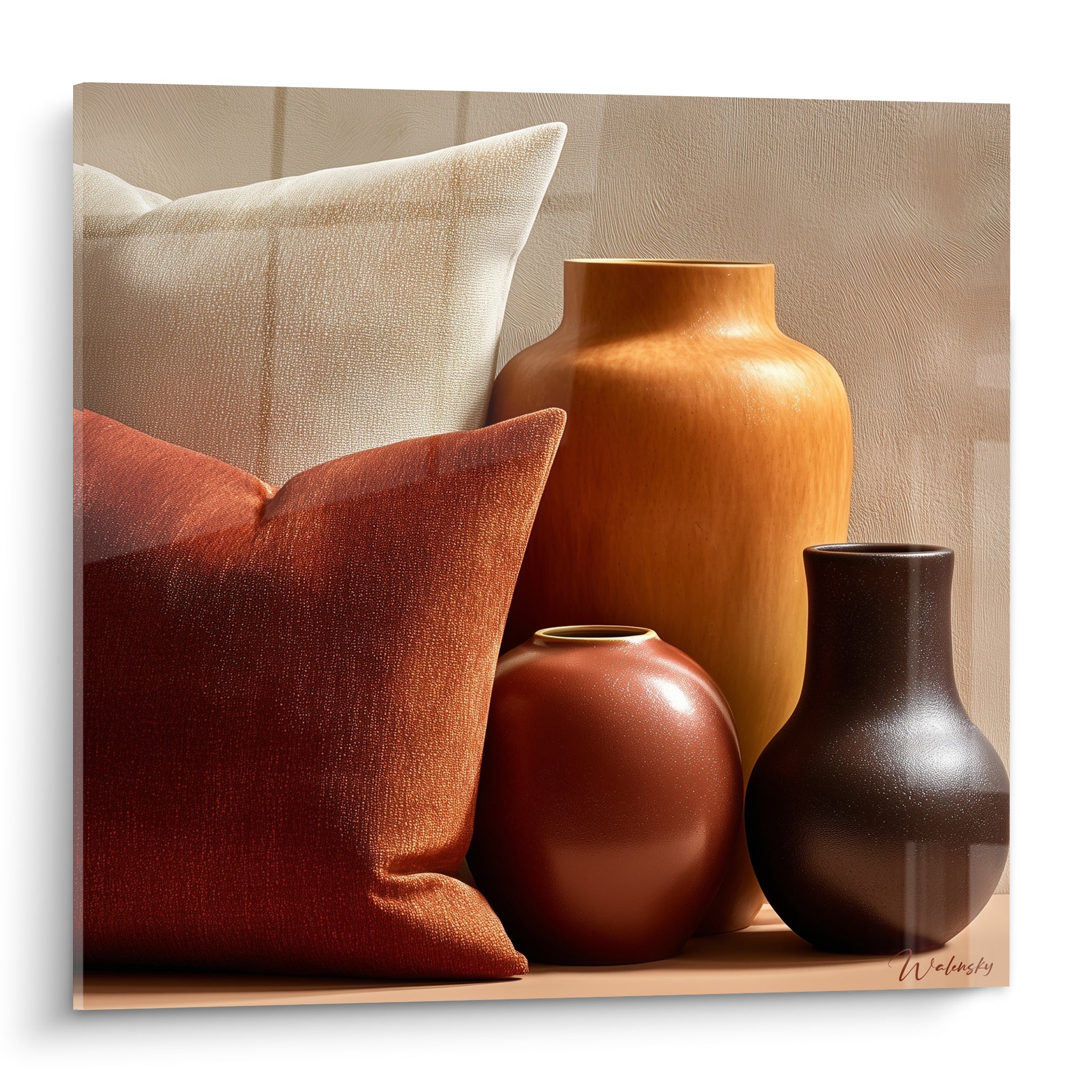 Vases terracotta orange et brun brique posés près de coussins ivoire et roux velouté