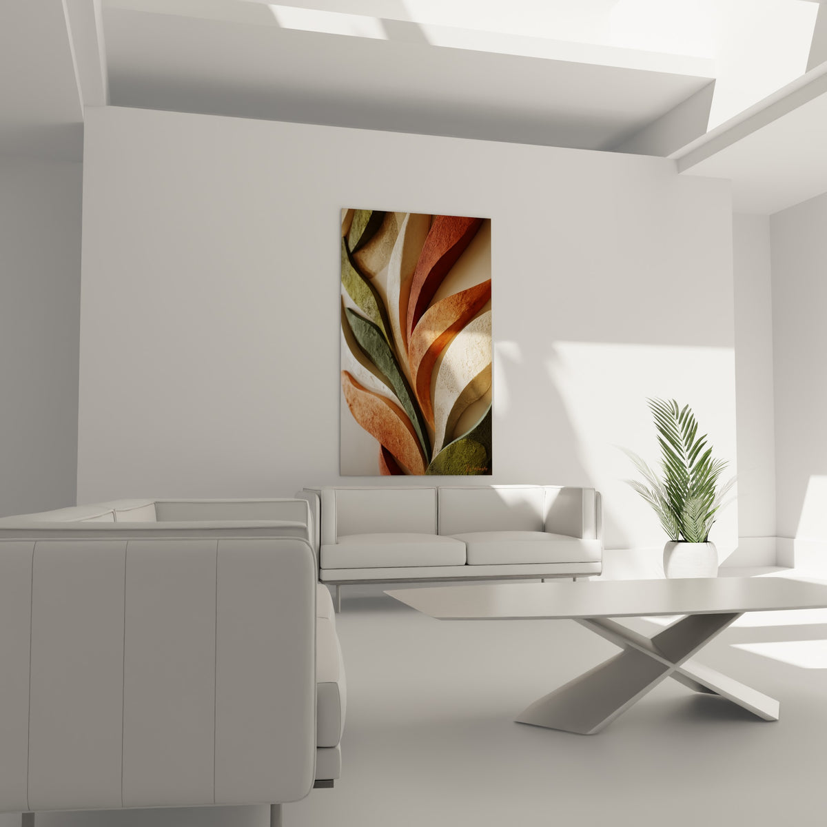 Feuille orange brûlé et vert sauge en relief installée au-dessus d'un canapé dans un salon lumineux