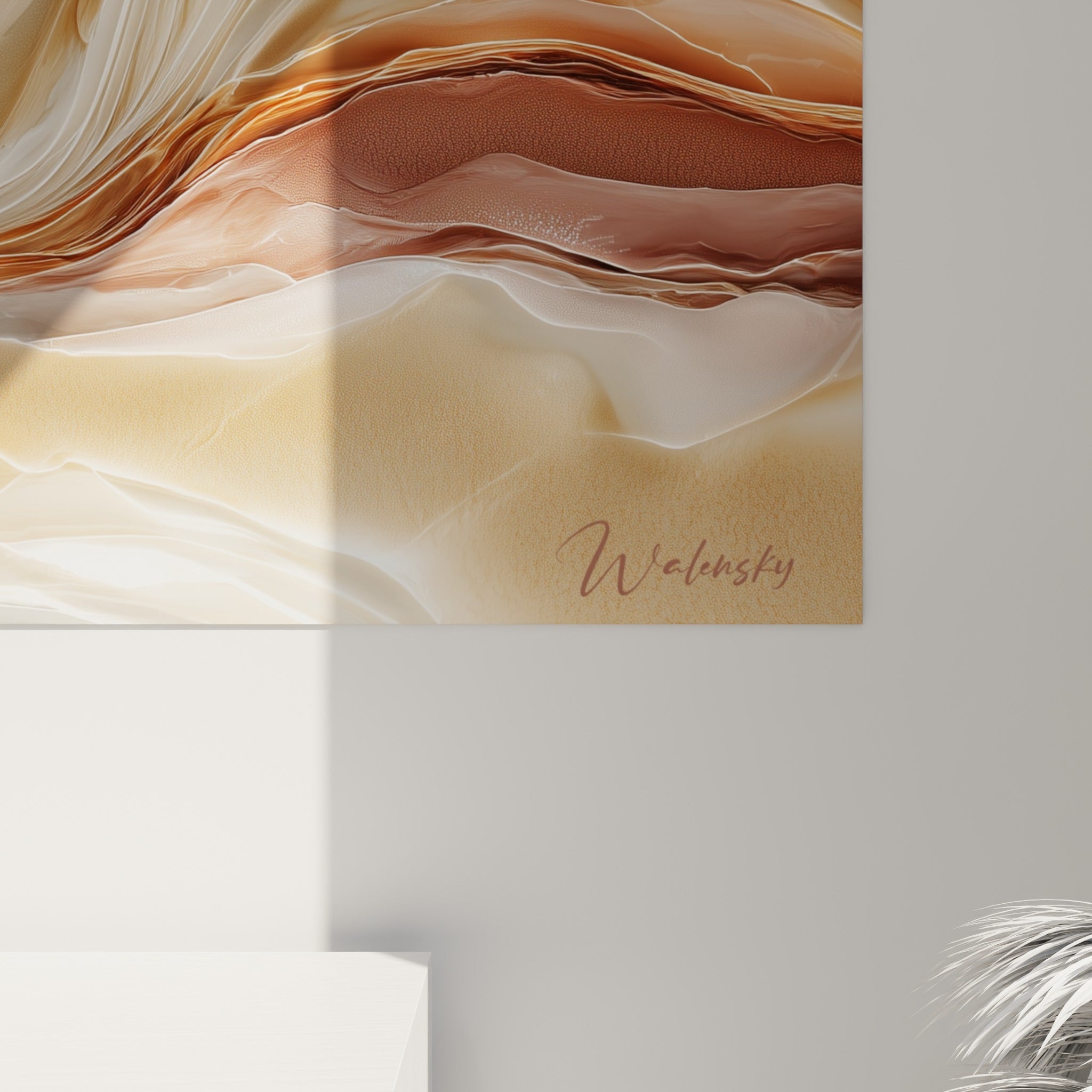 Détail des veinages dorés et bruns sur la toile, montrant le grain satiné de l'impression marbrée