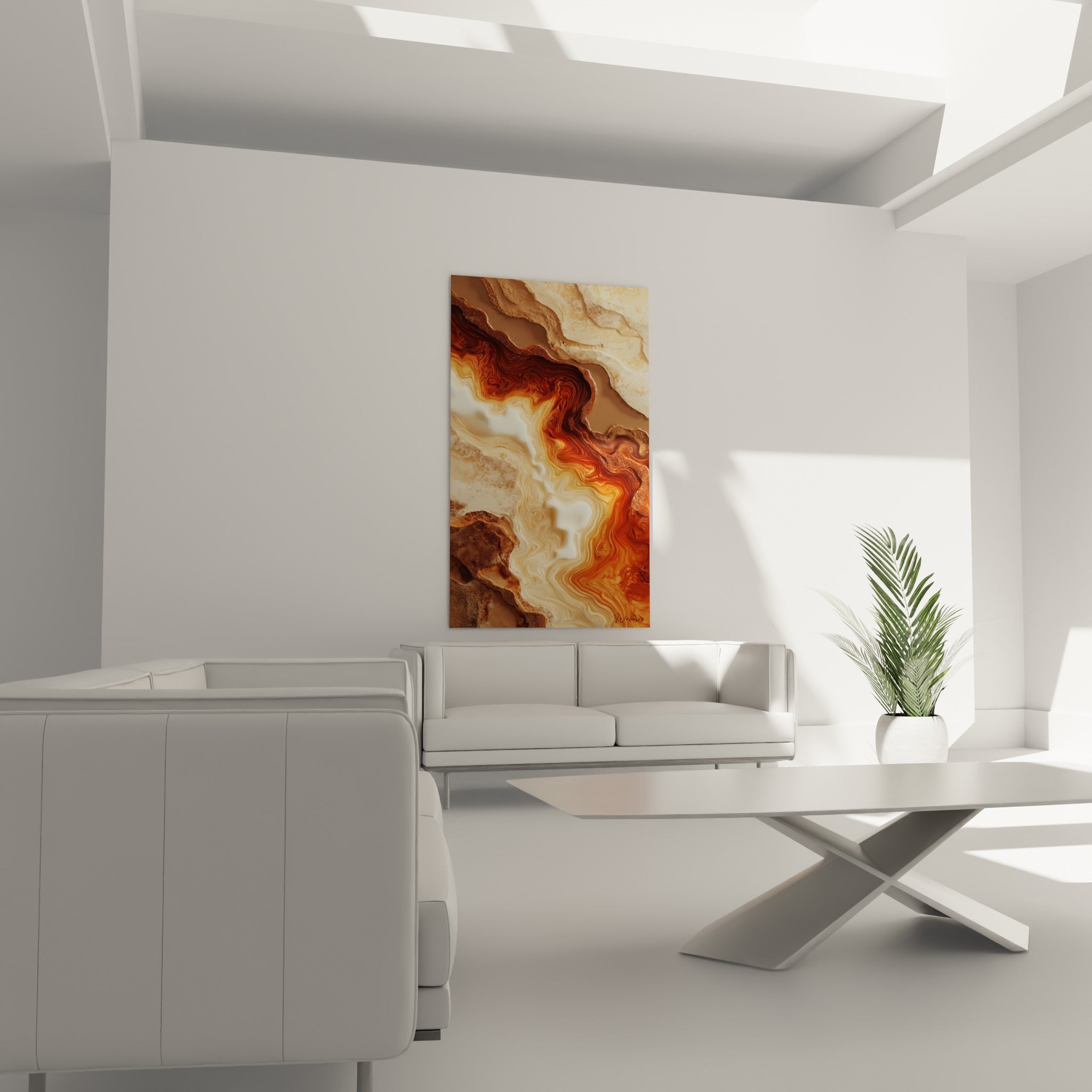 Veines crème et ambrées du tableau Terracotta au-dessus d'un canapé dans un salon lumineux