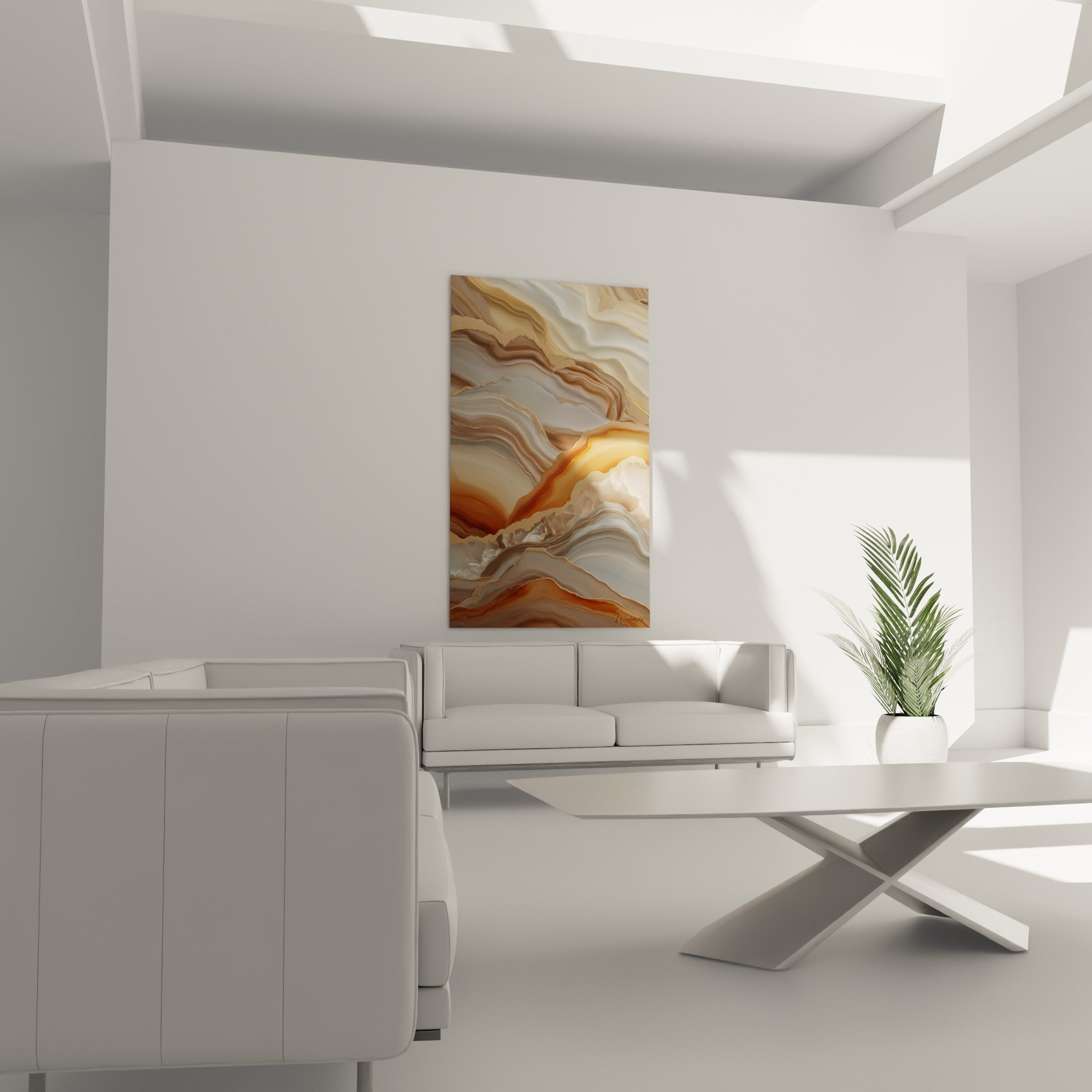 Strates minérales terracotta et anthracite en éventail, placées au-dessus d'un canapé dans un salon lumineux