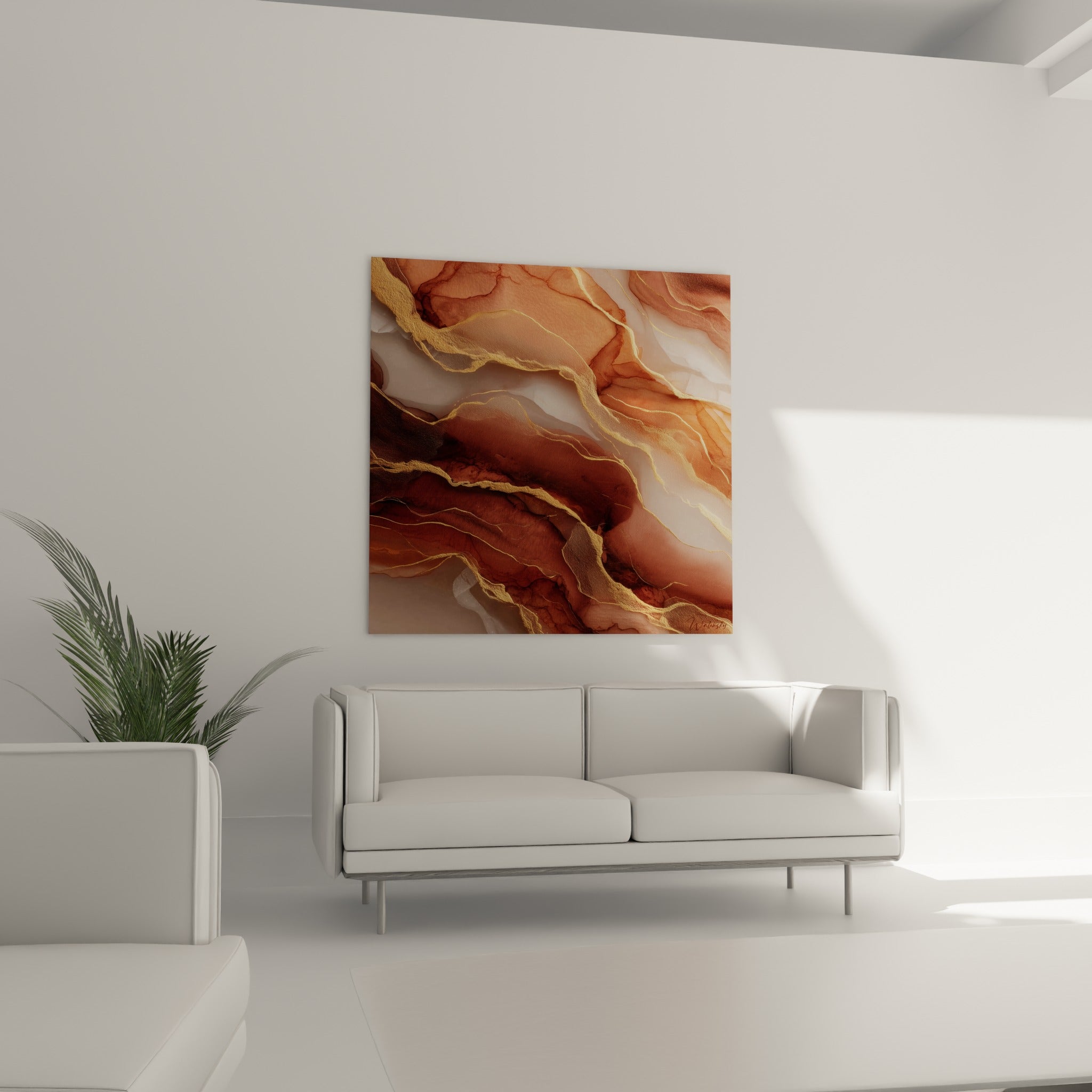 Motifs sinueux brun cuivré et doré évoquant une agate polie au-dessus d'un canapé dans un salon lumineux