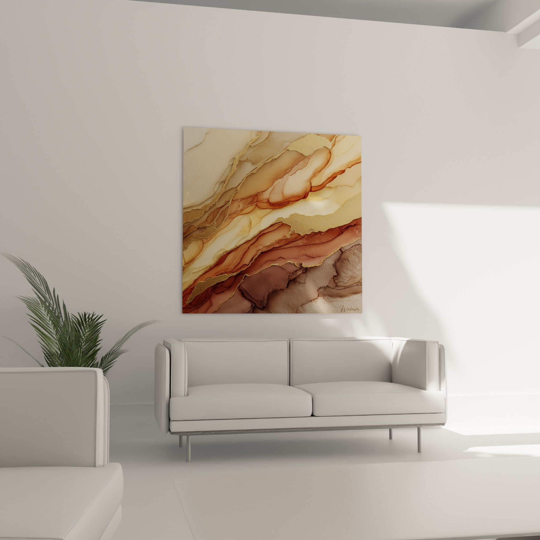 Veinures dorées et brunes de cette peinture marbrée terracotta au-dessus d'un canapé dans un salon lumineux