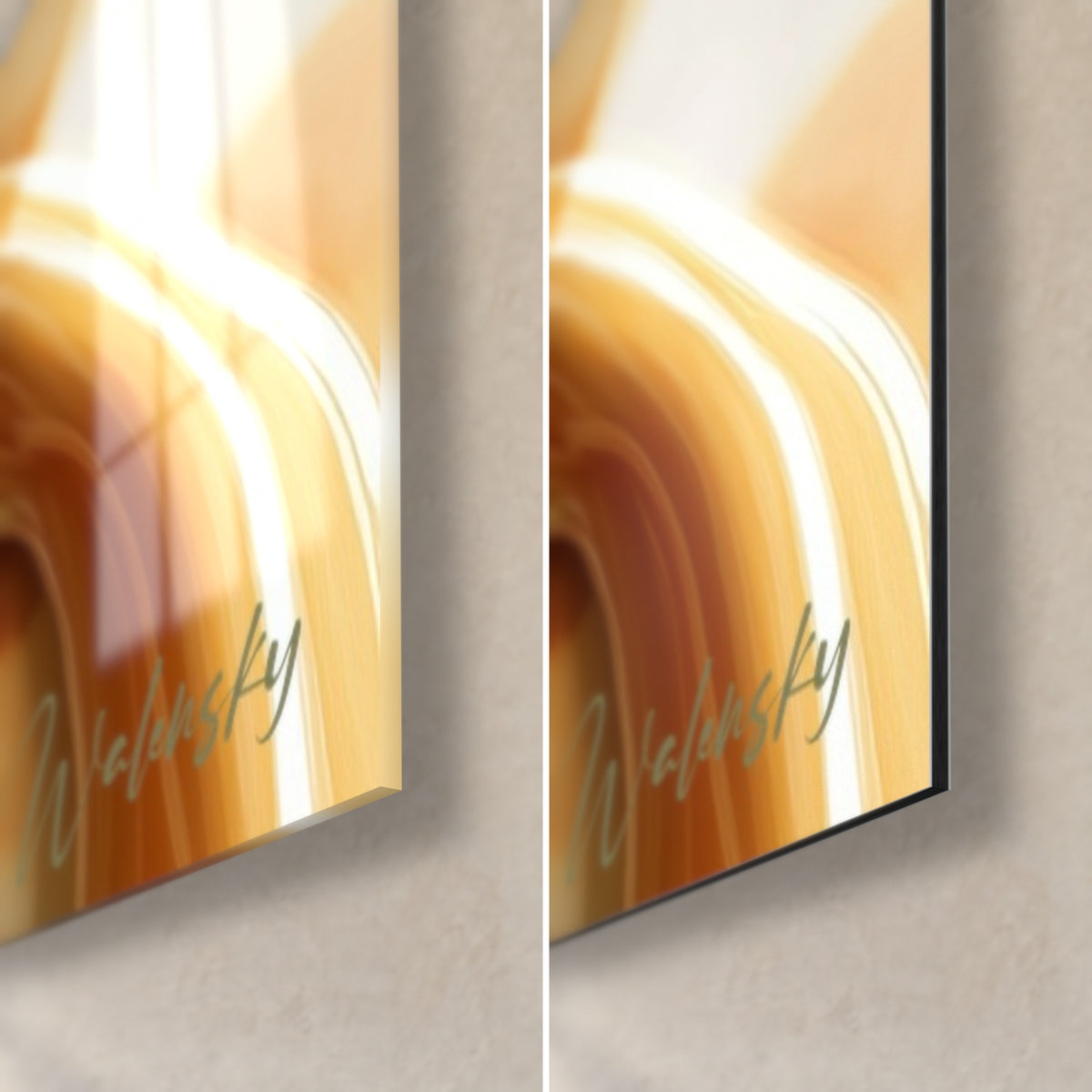 Schilderij amberkleurige en oranje golven, rechtsonder: glanzend acrylglas links, mat Dibond-aluminium rechts, 3 mm rand