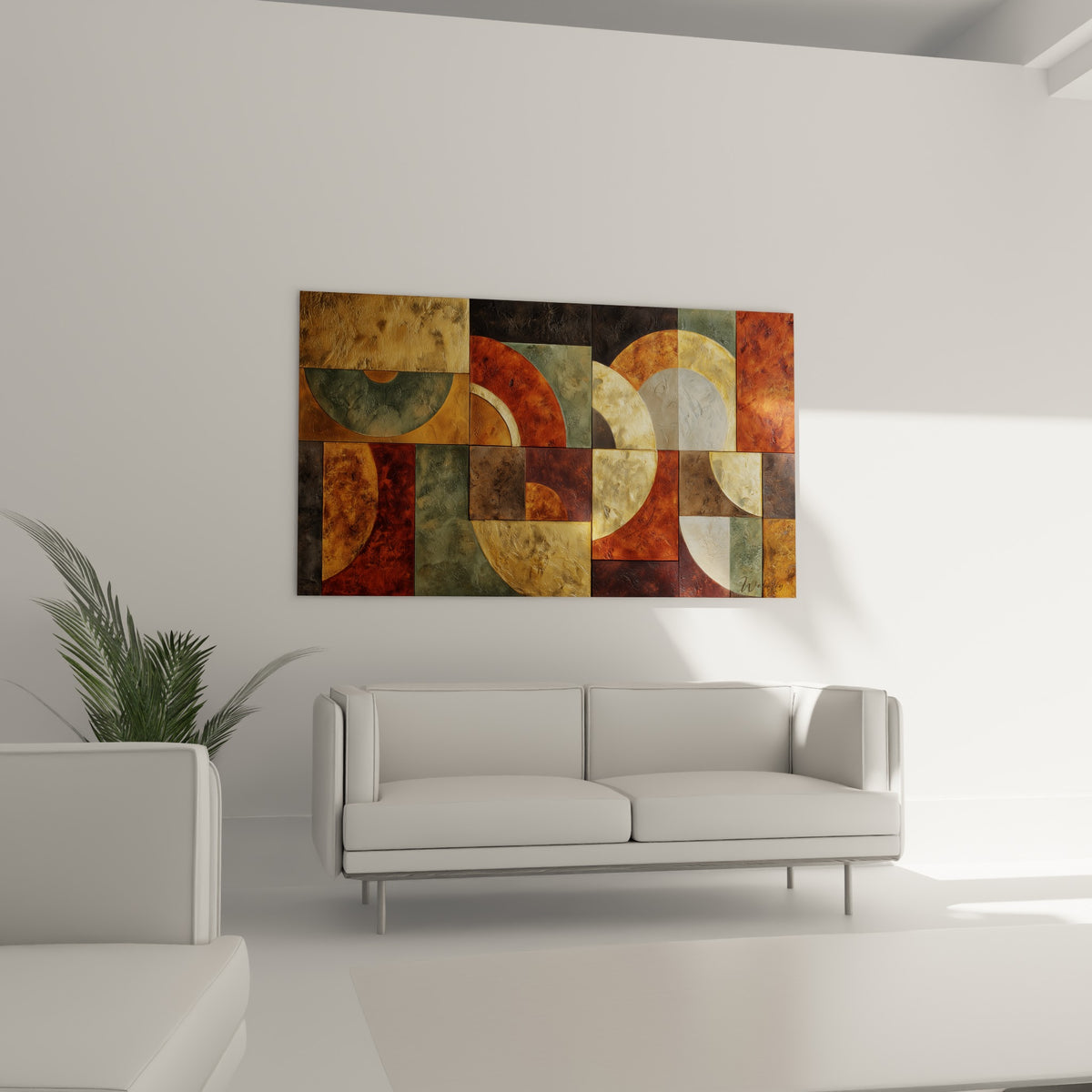 Blocs colorés ocre, vert sauge et doré du tableau Terracotta au-dessus d'un canapé dans un salon lumineux
