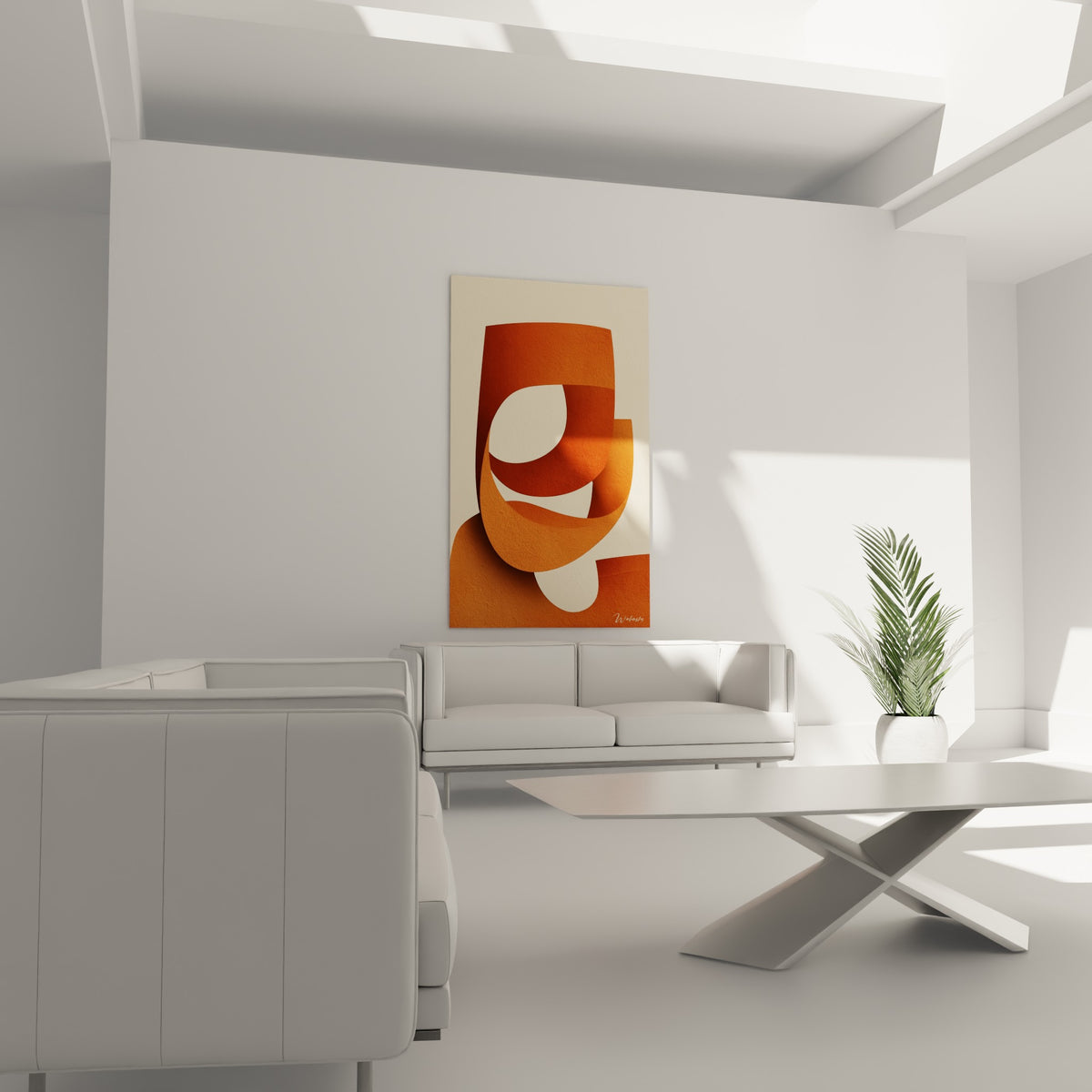 Courbes chaleureuses terracotta et crème formant un visage abstrait, au-dessus d'un canapé dans un salon lumineux