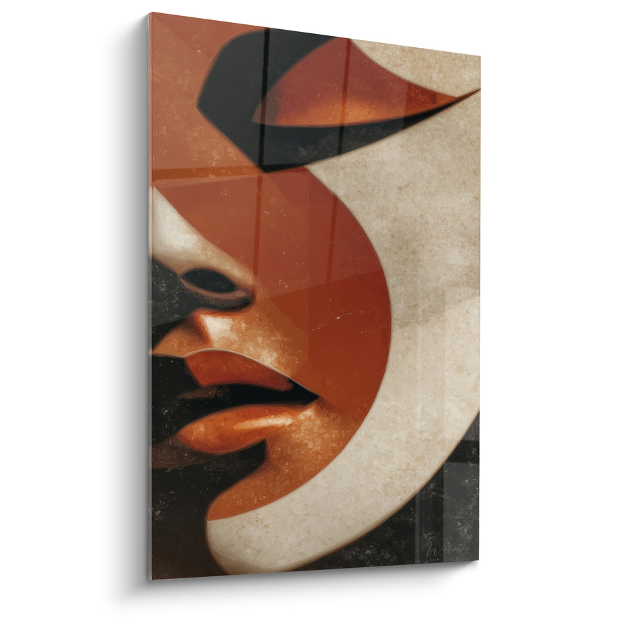 Tableau Visage abstrait aux courbes terracotta et crème - Regard voilé - Edition Terracotta