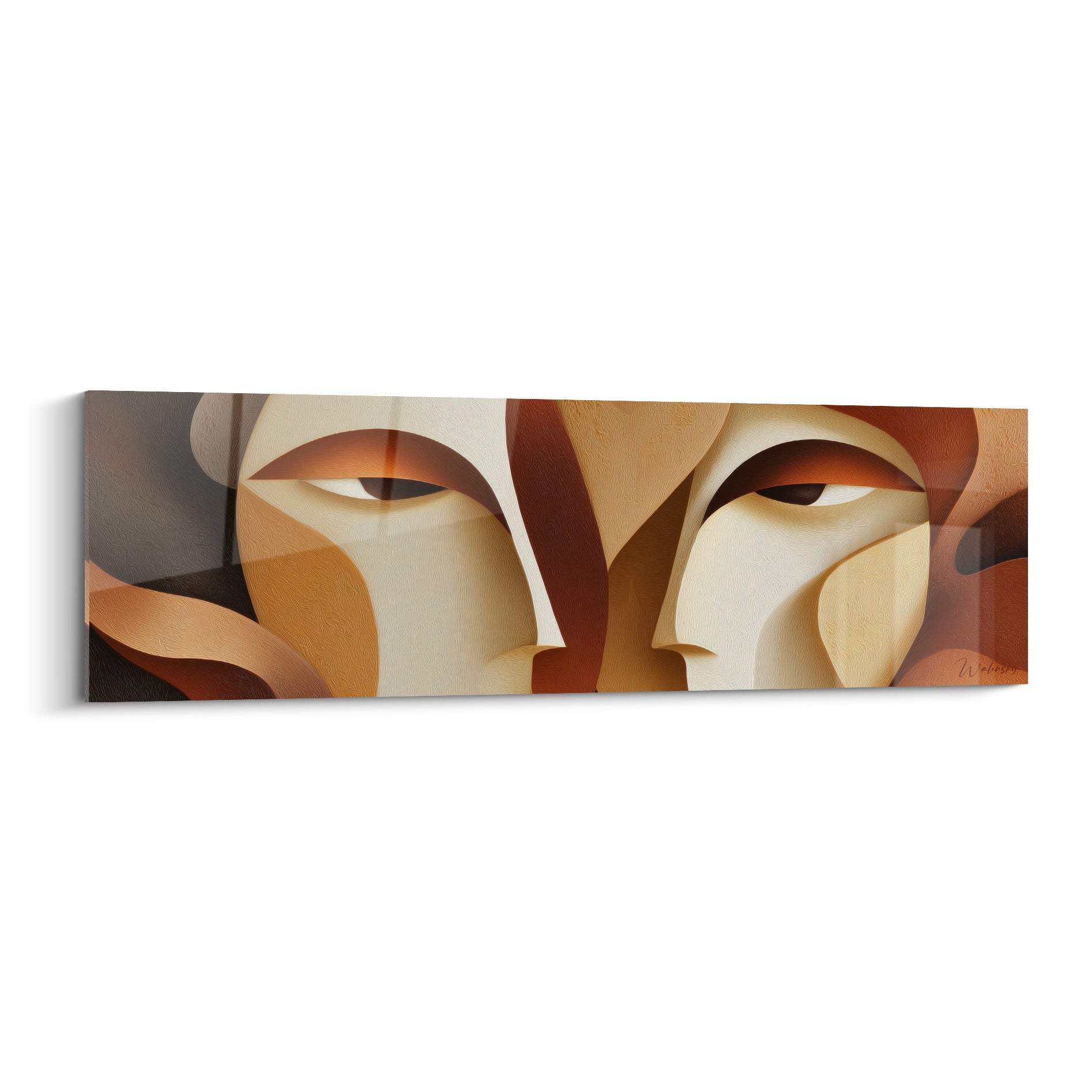 Deux visages ivoire et terracotta fusionnés, traits sculptés en aplats géométriques, tableau abstrait panoramique