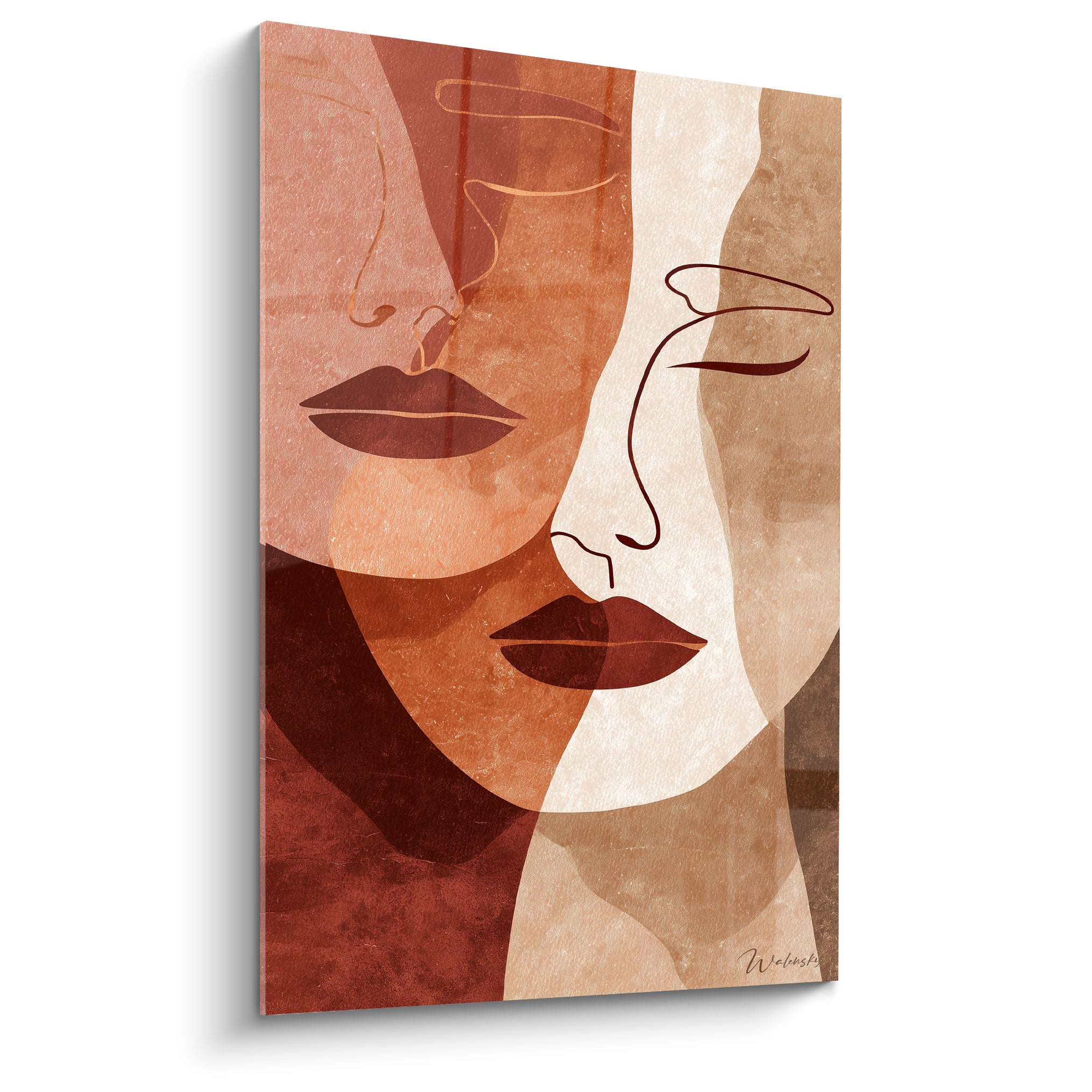 Deux visages terracotta et beige superposés, traits fins, lèvres brunes, style graphique épuré
