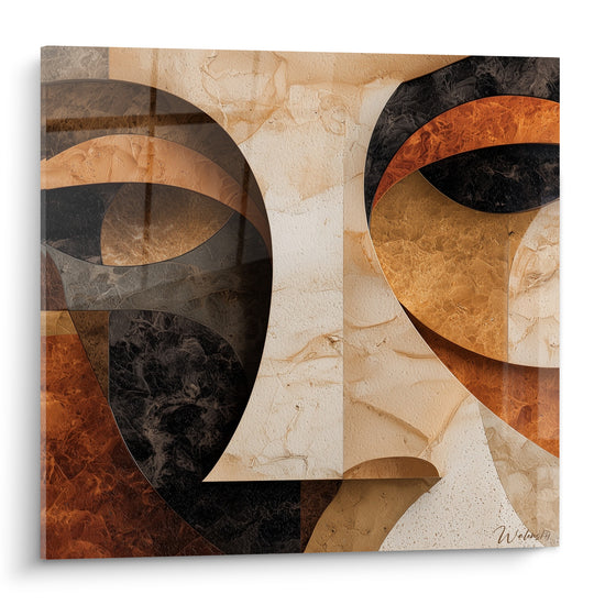 Visage abstrait fragmenté aux teintes terracotta, anthracite et ocre doré, formes géométriques marbrées