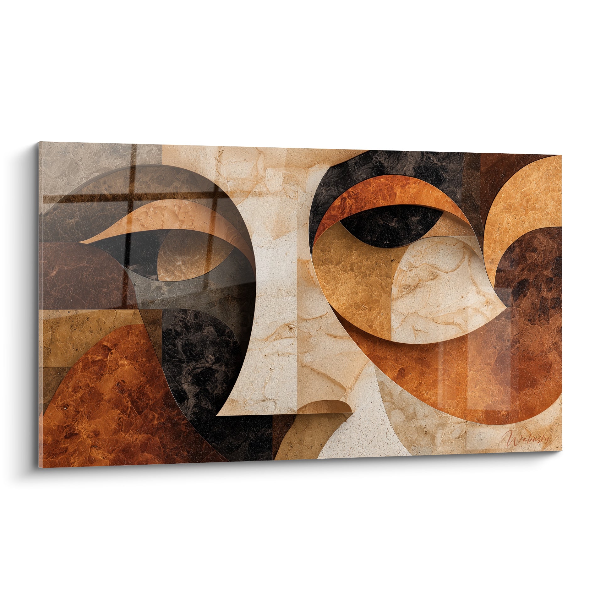 Visage abstrait aux formes ocre, brunes et anthracite, texture marbrée style cubiste