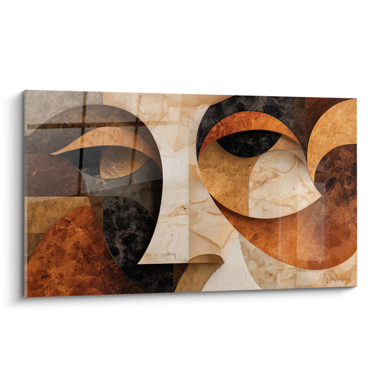 Visage abstrait aux formes ocre, brunes et anthracite, texture marbrée style cubiste