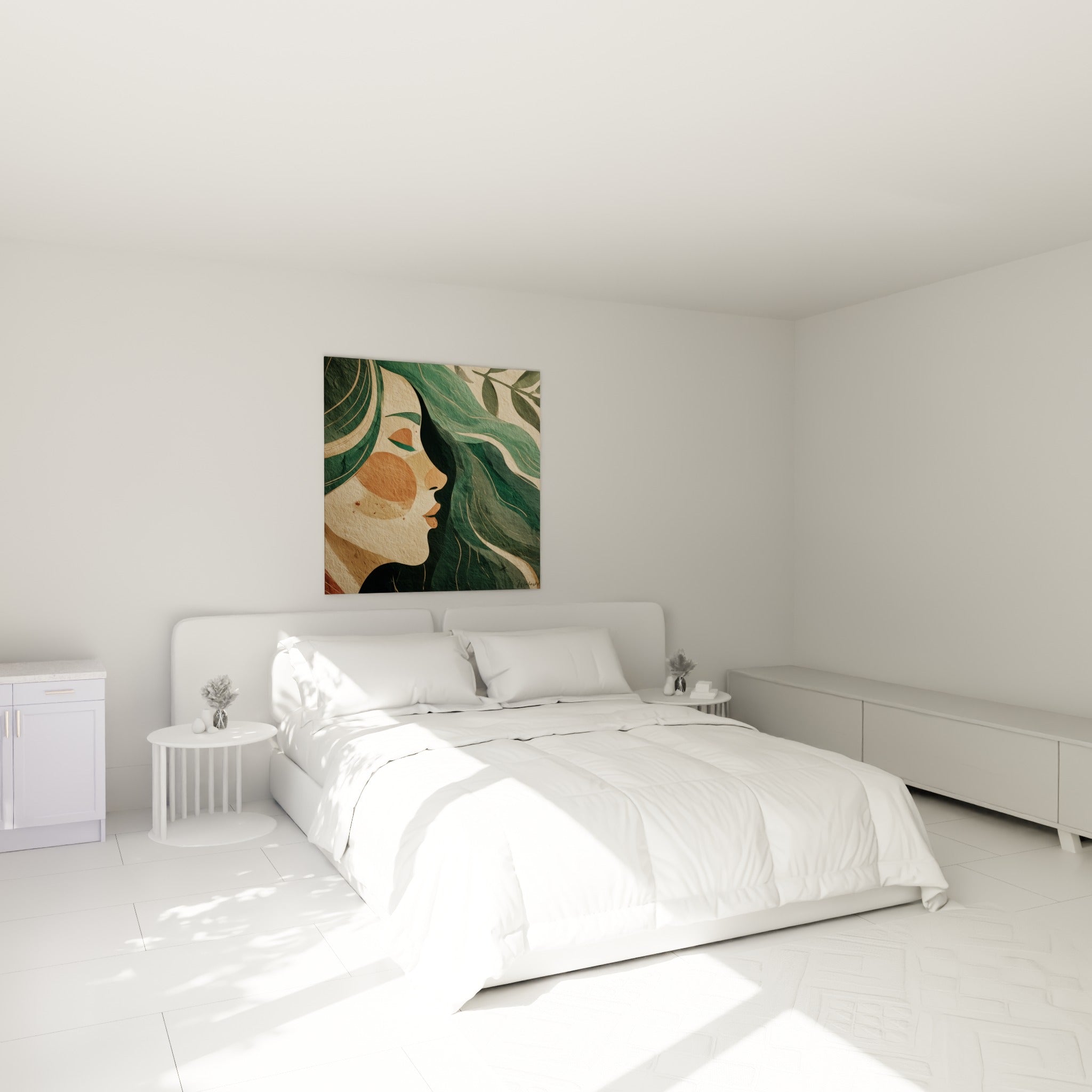 Femme au profil terracotta et chevelure vert sauge fondue dans le feuillage, au-dessus d'un lit dans une chambre claire