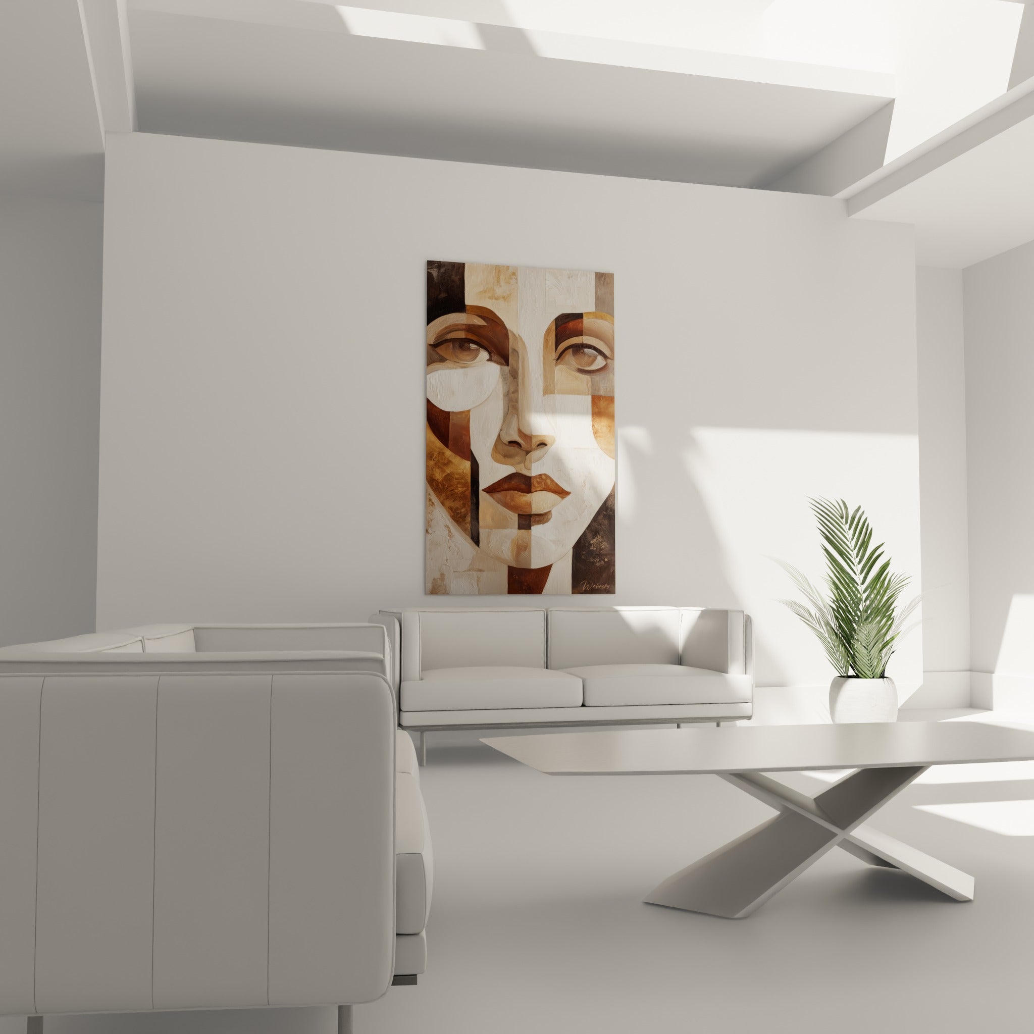 Visage cubiste ocre et crème aux yeux fragmentés, suspendu au-dessus d'un canapé dans un salon lumineux
