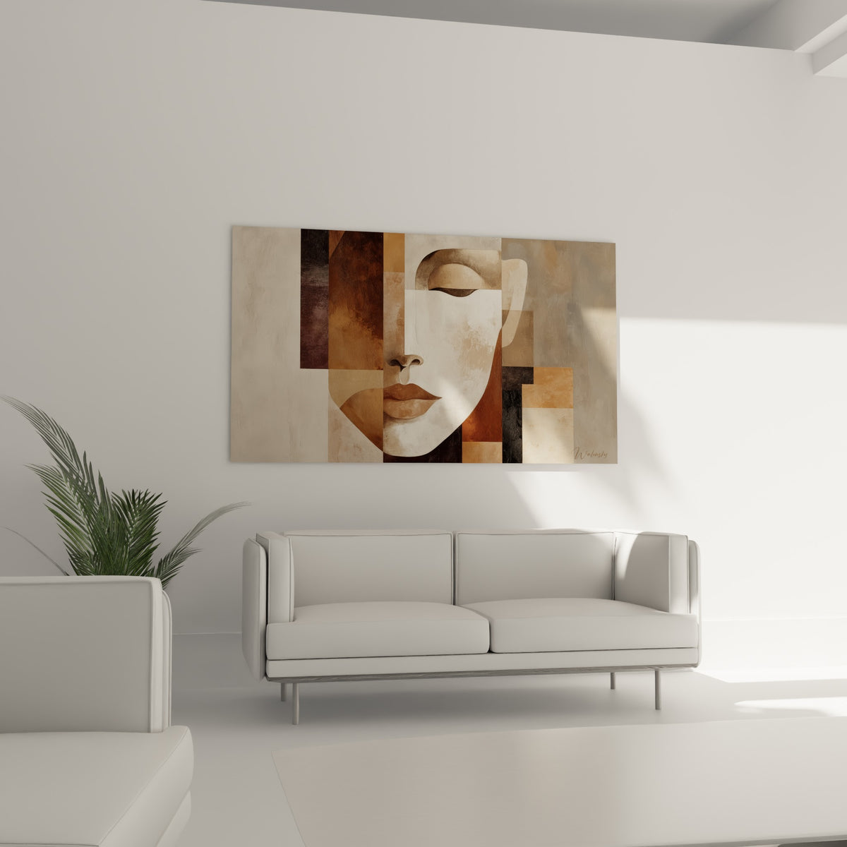 Visage cubiste terracotta et gris anthracite, suspendu au-dessus d'un canapé dans un salon lumineux