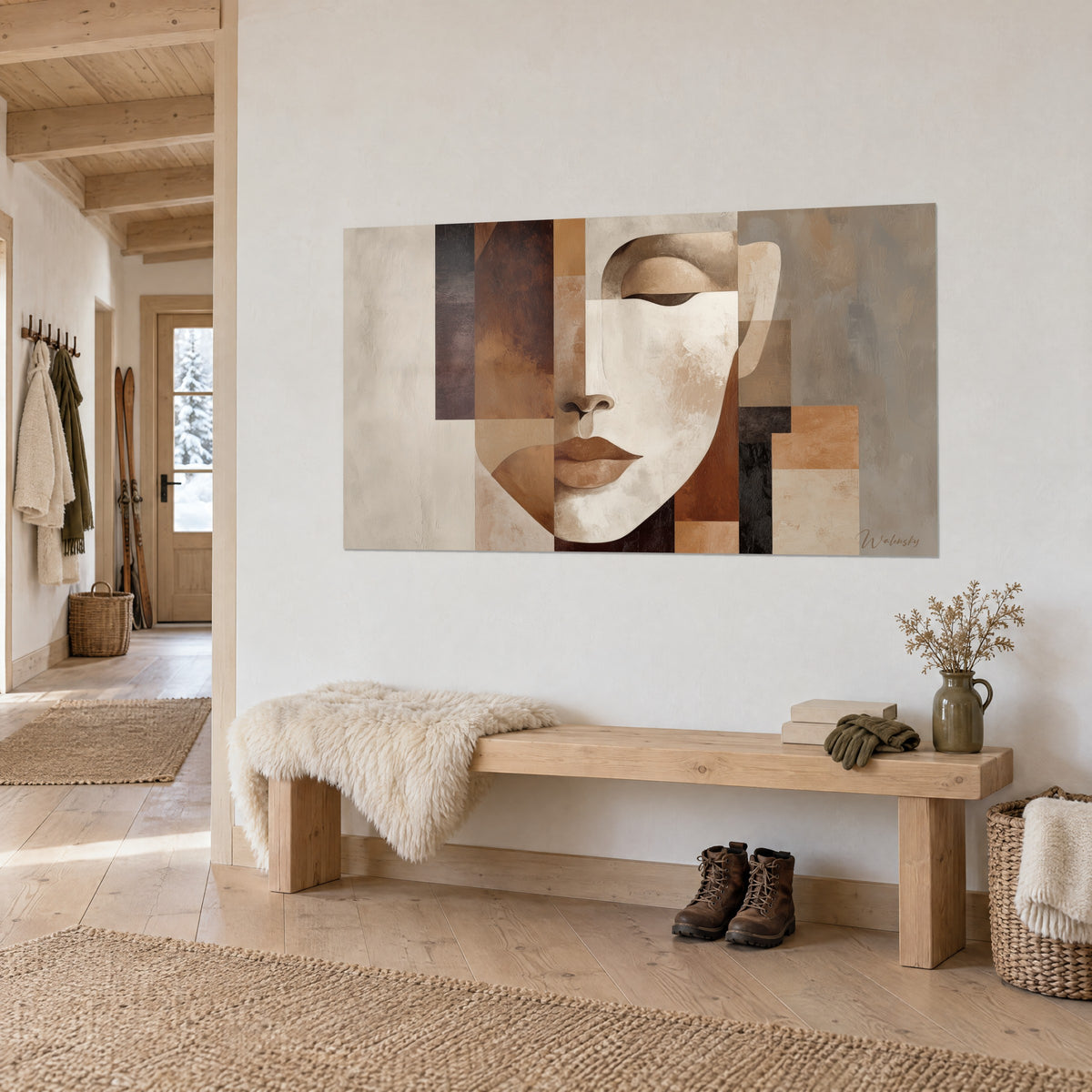 Tableau portrait cubiste aux lèvres terracotta et paupière close, panneaux bruns et gris perle, accroché dans une entrée de chalet en bois clair