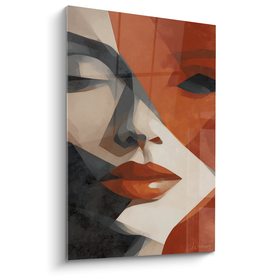 Tableau Visage cubiste aux lèvres orangées et anthracite - Fragments d'un regard - Edition Terracotta
