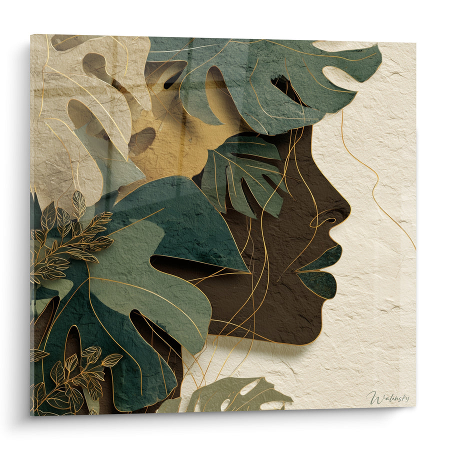 Tableau Visage brun profil feuilles vertes dorées - Fusion végétale silencieuse - Edition Terracotta