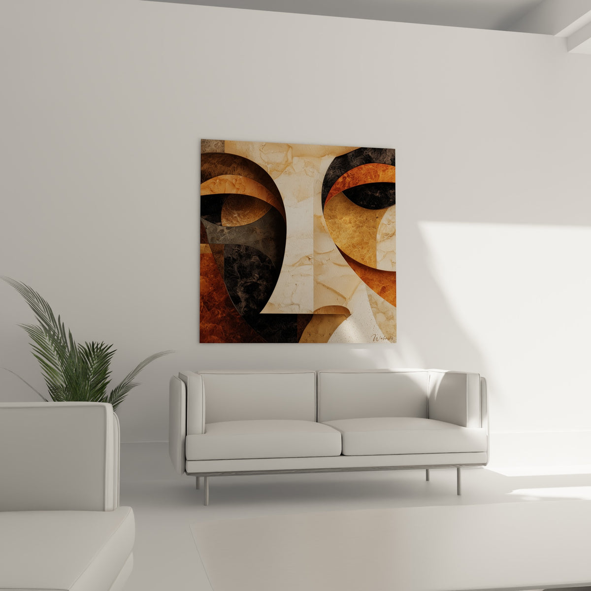 Traits fragmentés anthracite et cuivré composant un visage abstrait au-dessus d'un canapé dans un salon lumineux
