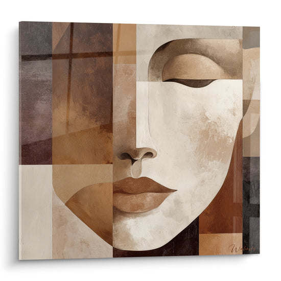 Visage terracotta aux yeux clos, composition géométrique en beige et brun anthracite peinte