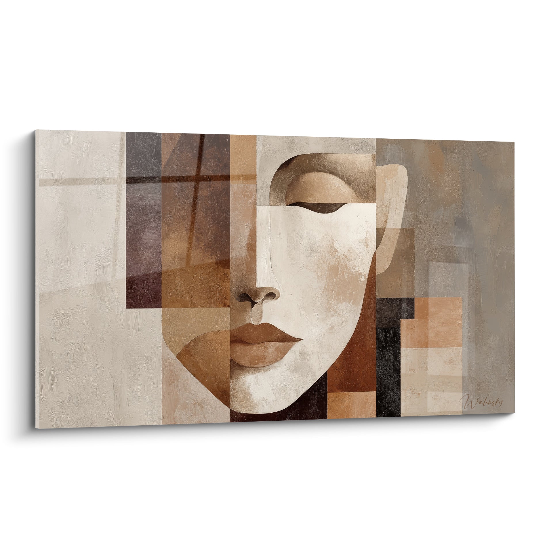 Visage géométrique terracotta et brun aux yeux clos, découpé en blocs sable et anthracite